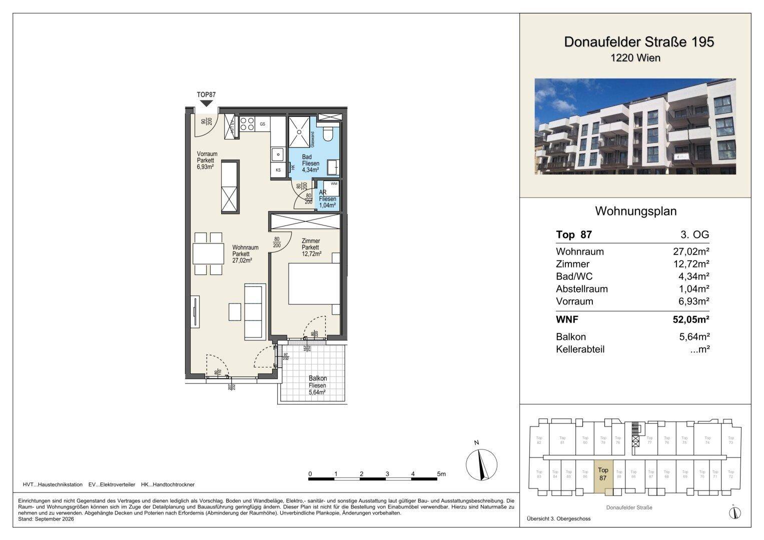Detaillierter Grundriss einer Wohnung mit 52,05m² Wohnfläche, Balkon und separatem Kellerabteil.