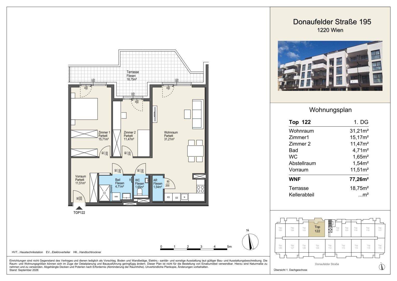 Detaillierter Grundriss einer Wohnung mit zwei Schlafzimmern, Terrasse und offenem Wohnbereich.