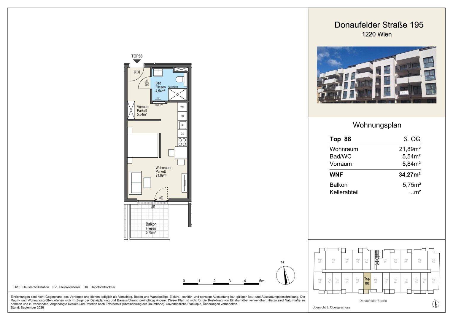 Grundriss einer Wohnung im 3. Obergeschoss mit Wohnraum, Bad/WC und Balkon.