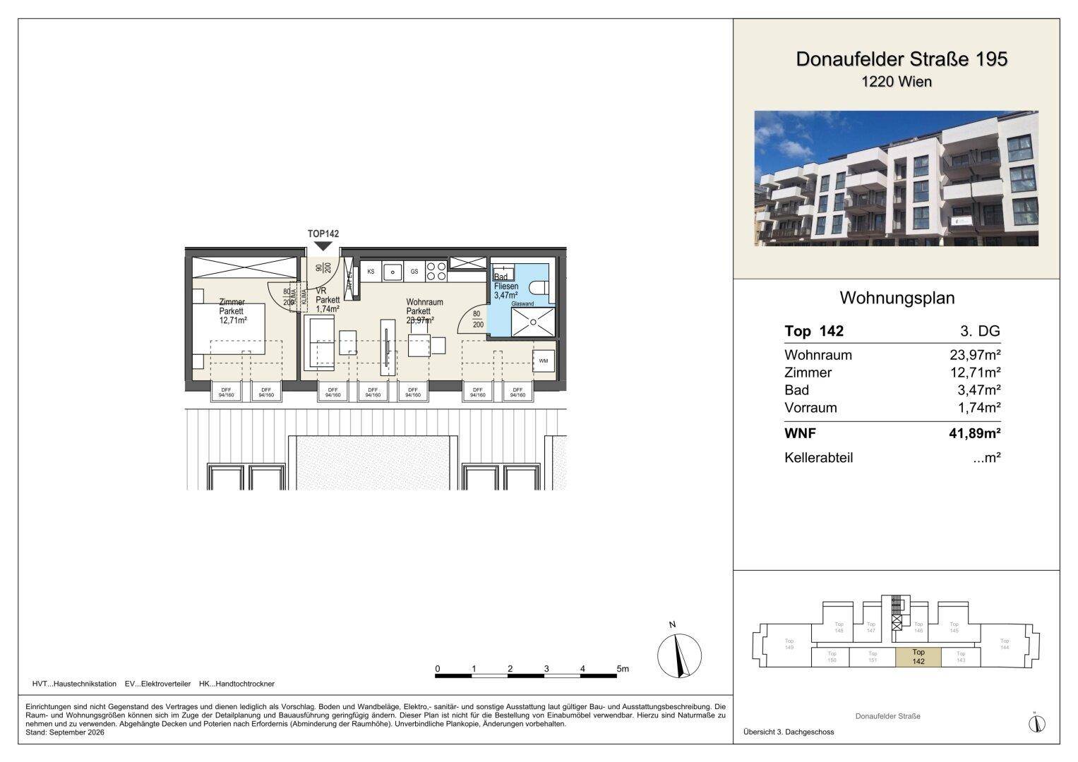 Grundriss der Wohnung Top 142 mit Wohnraum, Zimmer und Bad auf 41,89m² Wohnfläche.