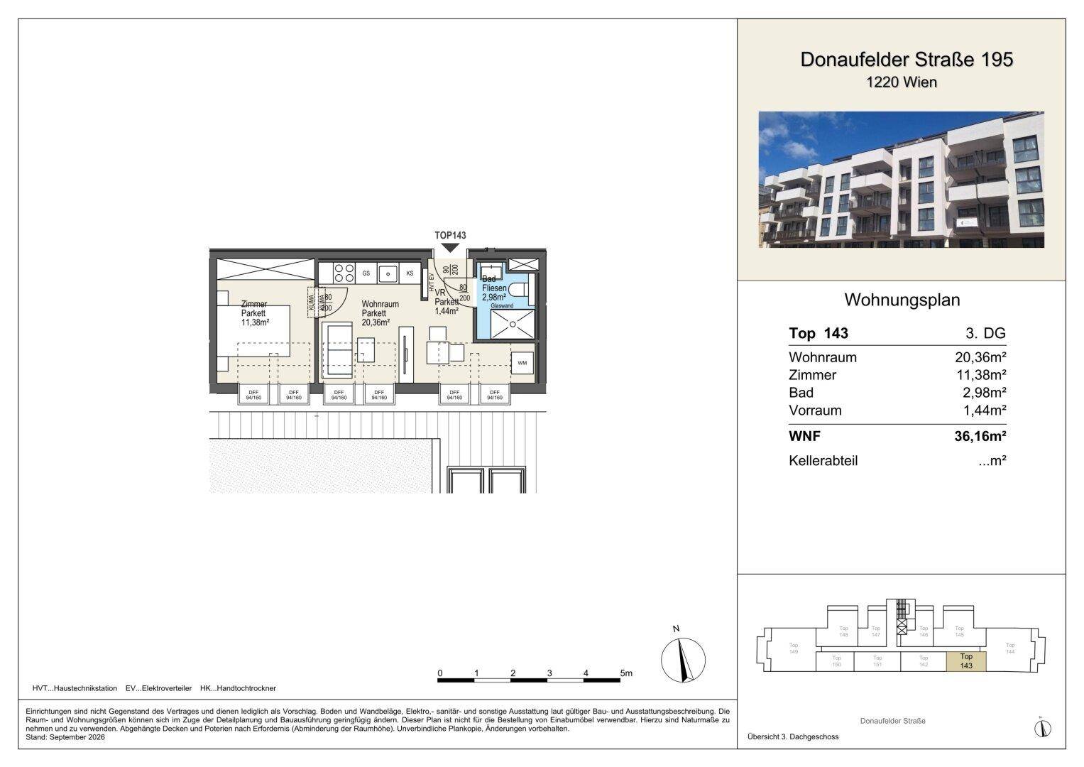 Grundriss der Wohnung Top 143 mit 36,16m² Wohnnutzfläche und Balkon.