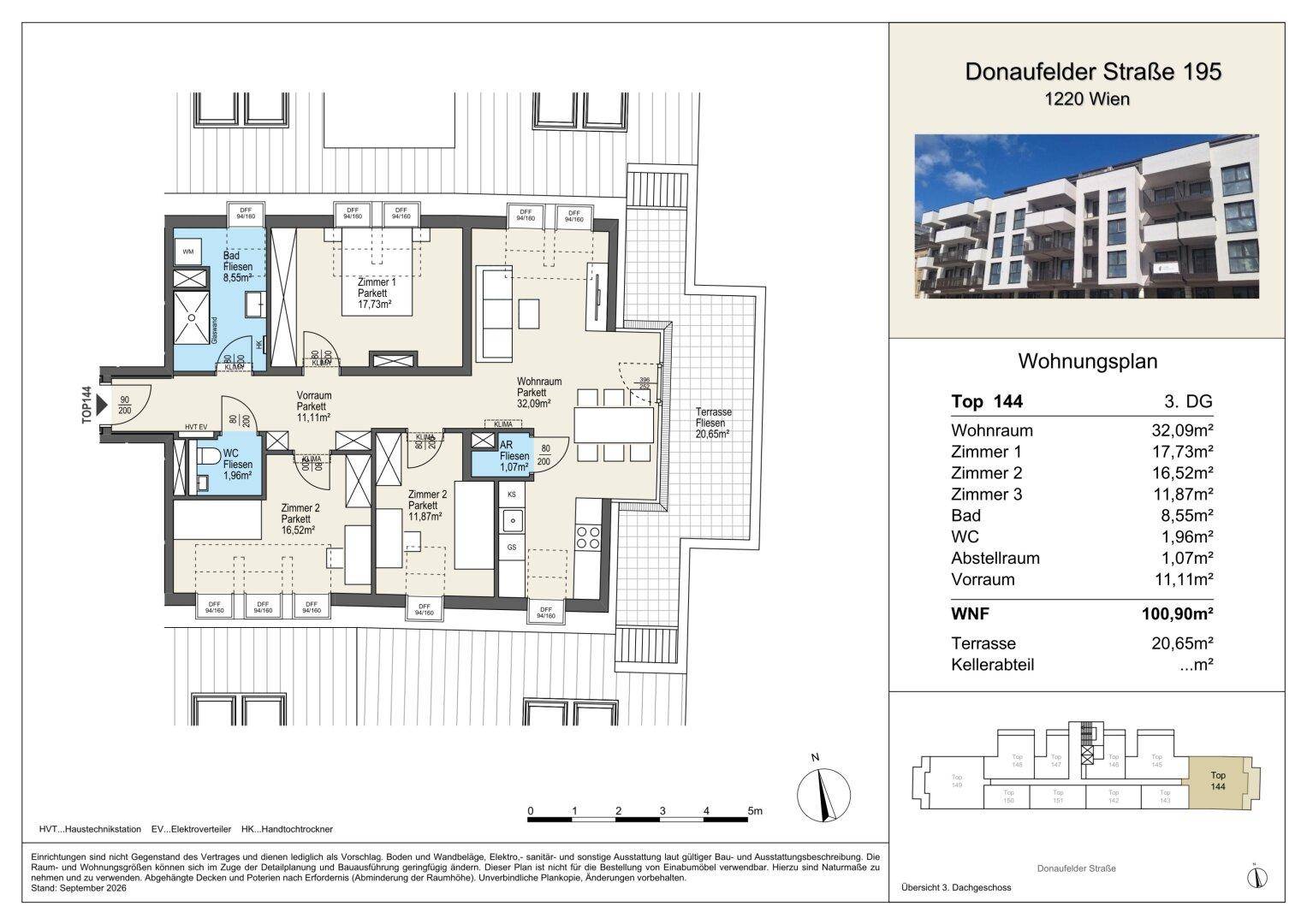 Detaillierter Wohnungsplan für eine 3-Zimmer-Wohnung mit Terrasse und Kellerabteil.