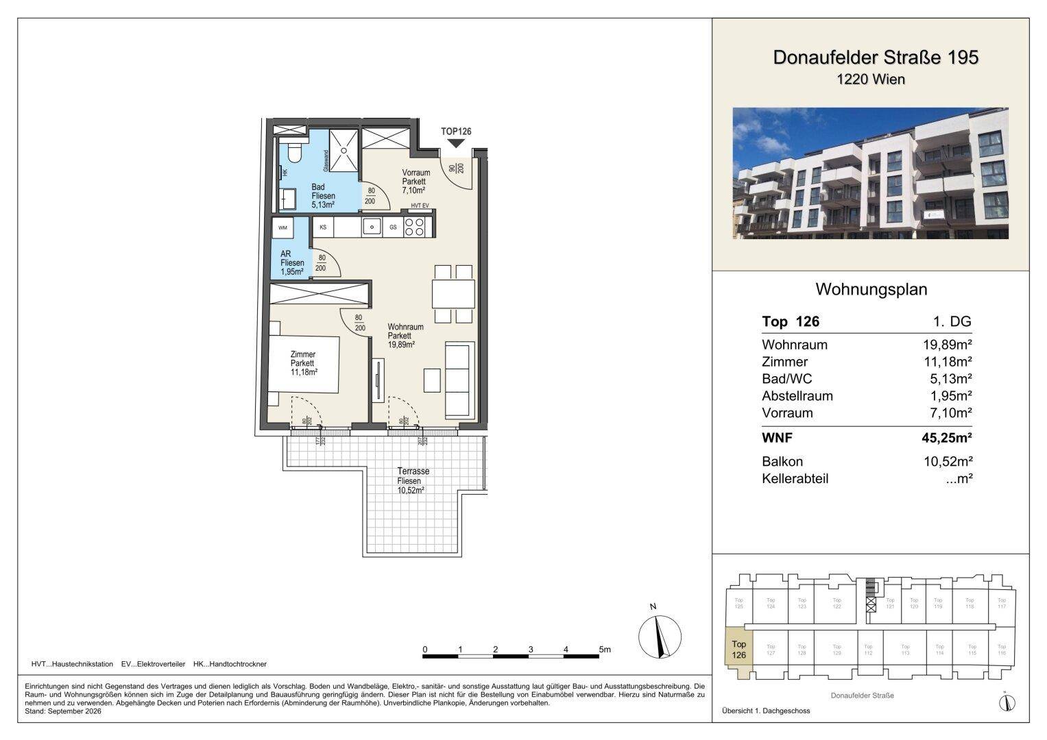 Grundriss einer Wohnung mit Wohnzimmer, Schlafzimmer, Bad und Terrasse.
