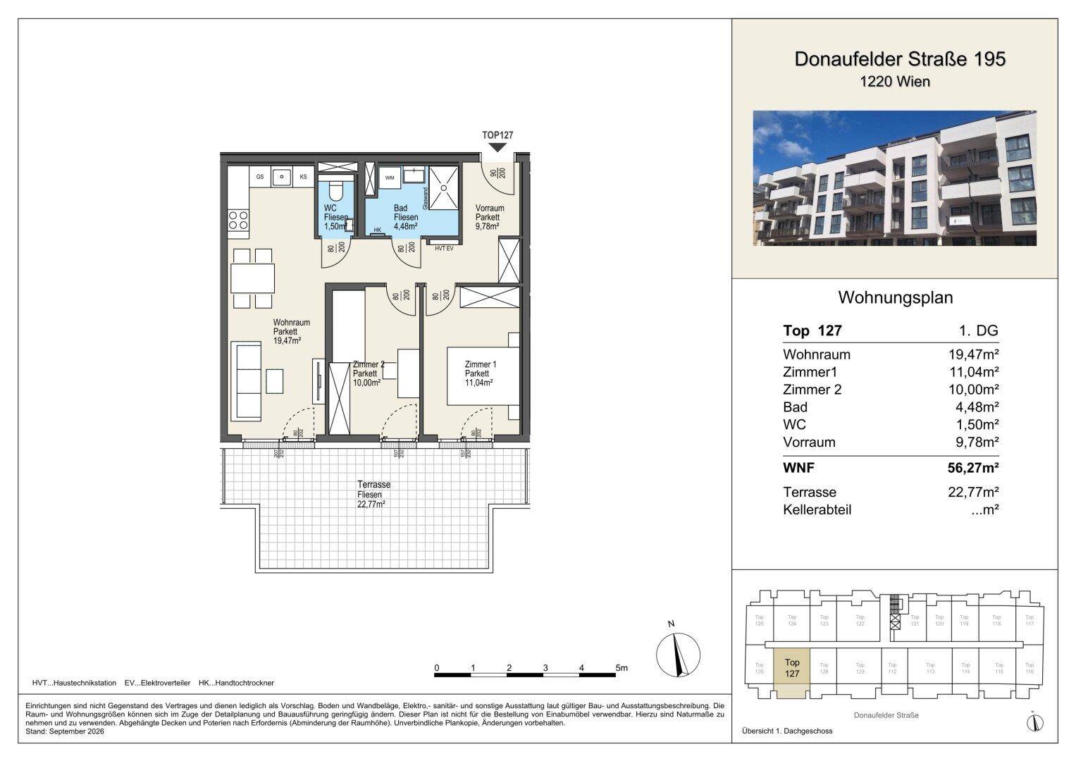Grundriss der Wohnung Top 127 mit Wohnraum, zwei Zimmern, Bad und Terrasse.