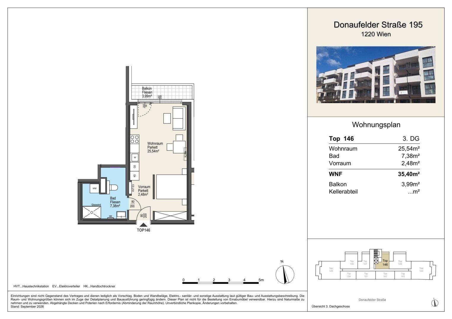 Grundriss der Wohnung Top 146 mit Balkon und klarer Raumaufteilung.