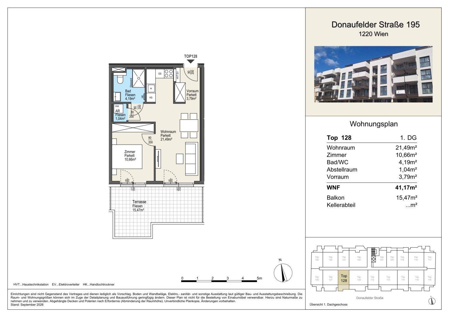 Grundriss der Wohnung Top 128 mit Wohnraum, Zimmer, Bad/WC und einer Terrasse.