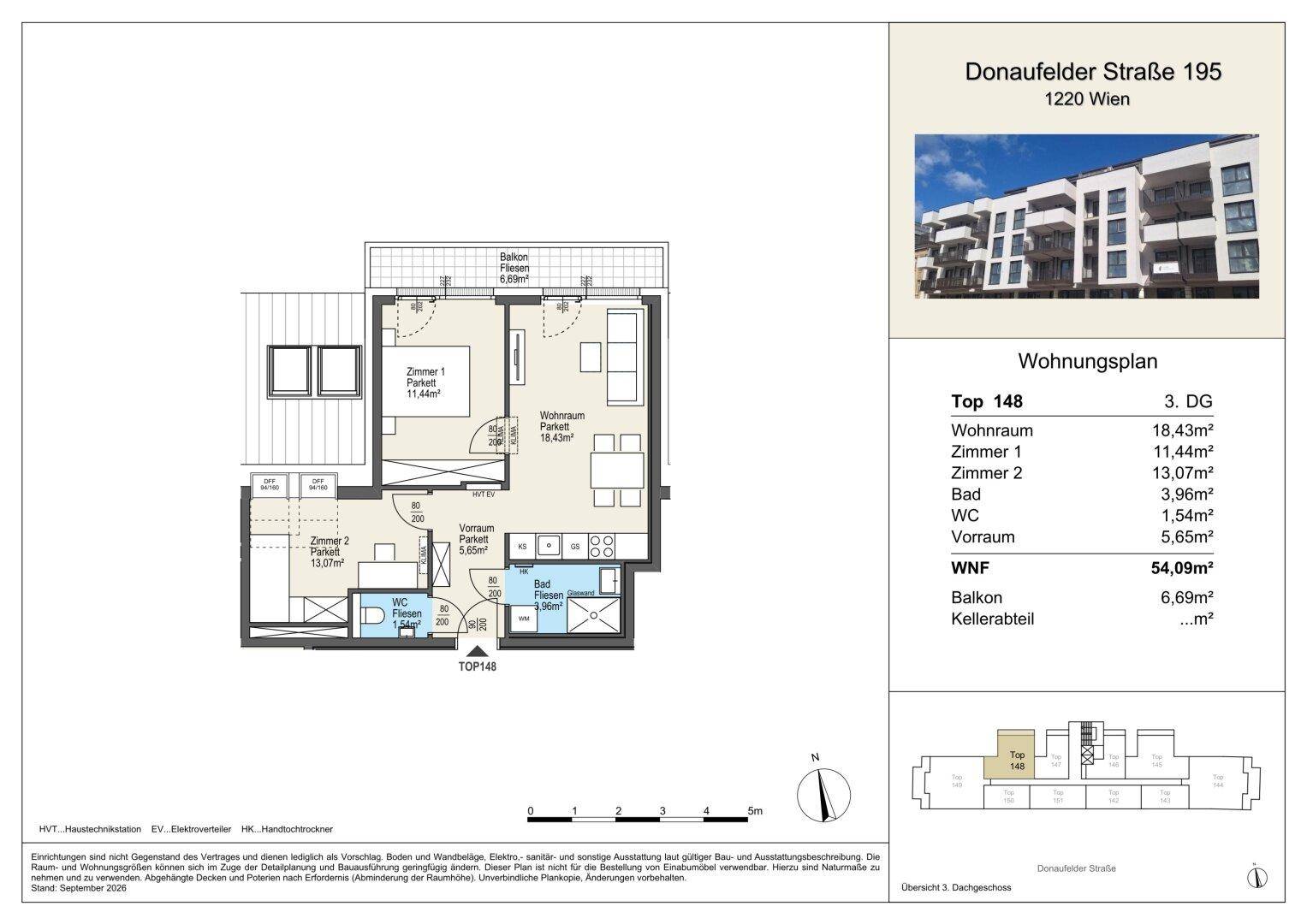 Grundriss einer Wohnung mit zwei Zimmern, Balkon und separatem WC.