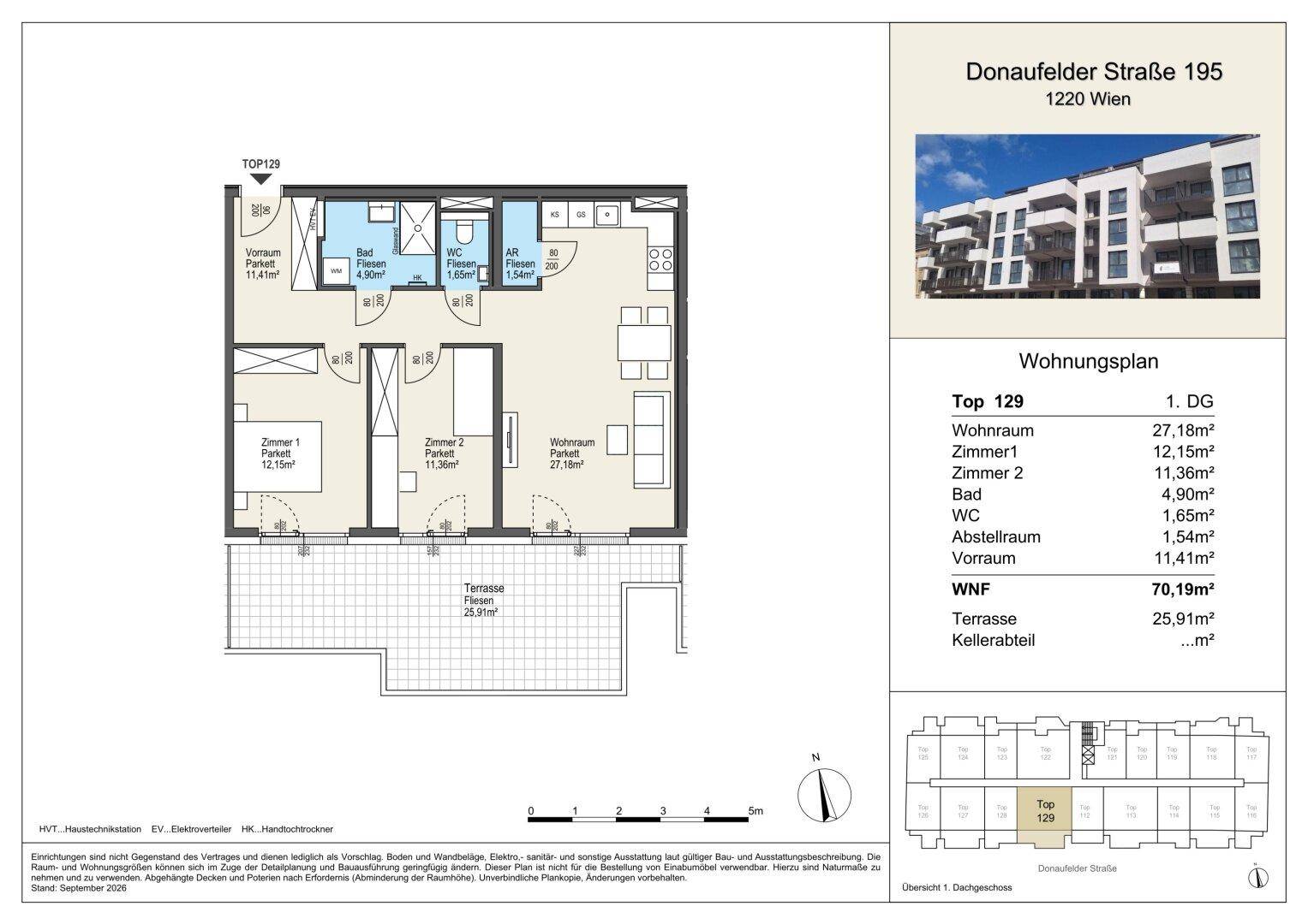 Grundriss der Wohnung Top 129 mit Wohnraum, zwei Zimmern, Bad, WC und großer Terrasse.