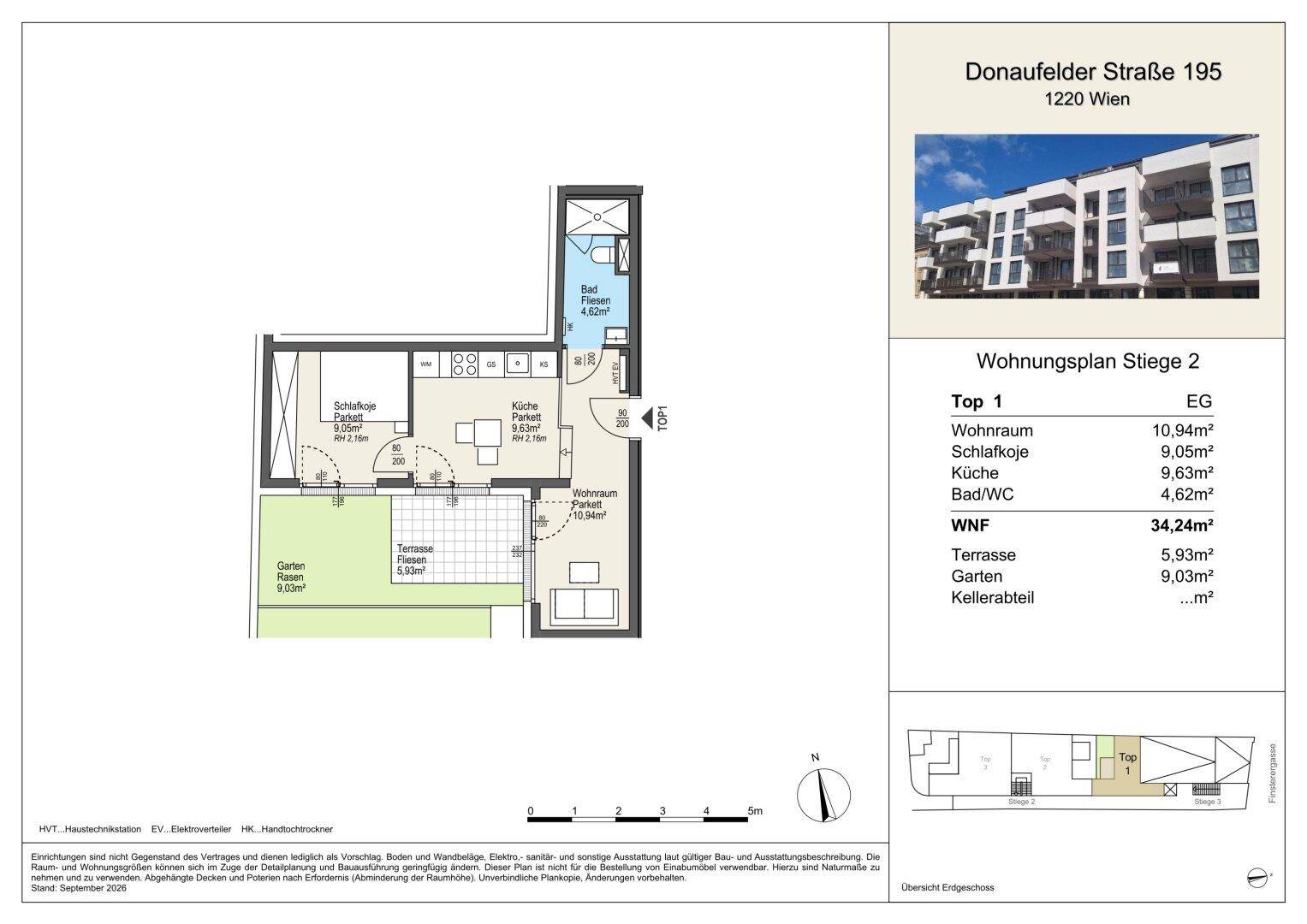 Grundriss einer Wohnung mit Wohnraum, Schlafzimmer, Küche, zwei Bädern, Terrasse und Garten.