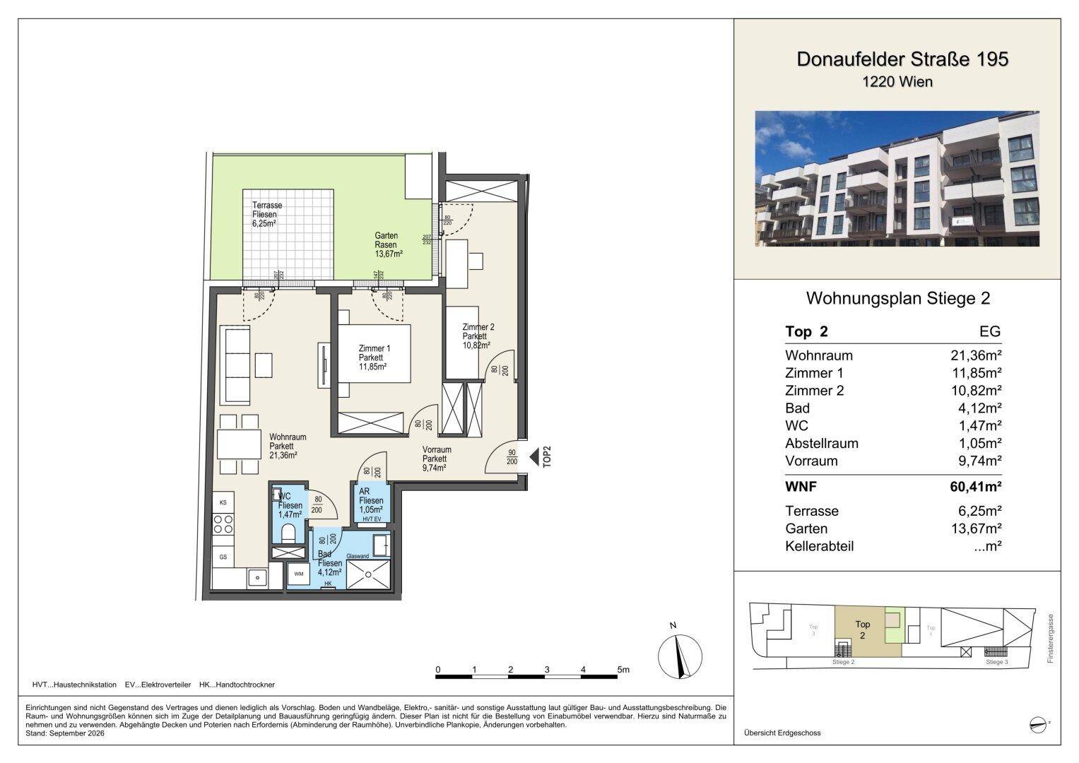 Detaillierter Grundriss einer Wohnung mit Wohnraum, zwei Schlafzimmern, Bad, WC und Terrasse.