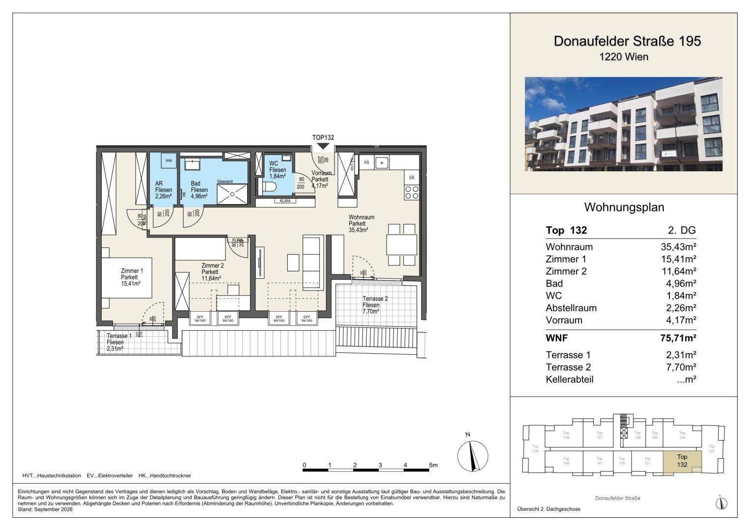 Detaillierter Grundriss einer Wohnung mit zwei Terrassen, mehreren Zimmern und offenem Wohnbereich.