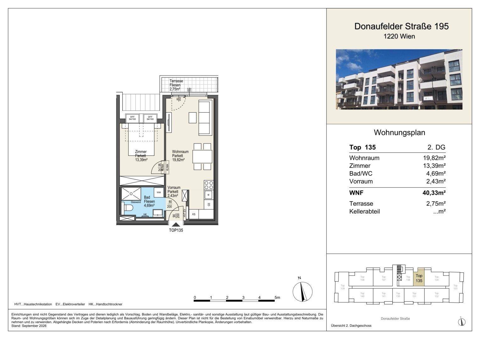 Grundriss einer Wohnung mit Wohnraum, Zimmer, Bad/WC und Terrasse, Gesamtfläche 40,33m².