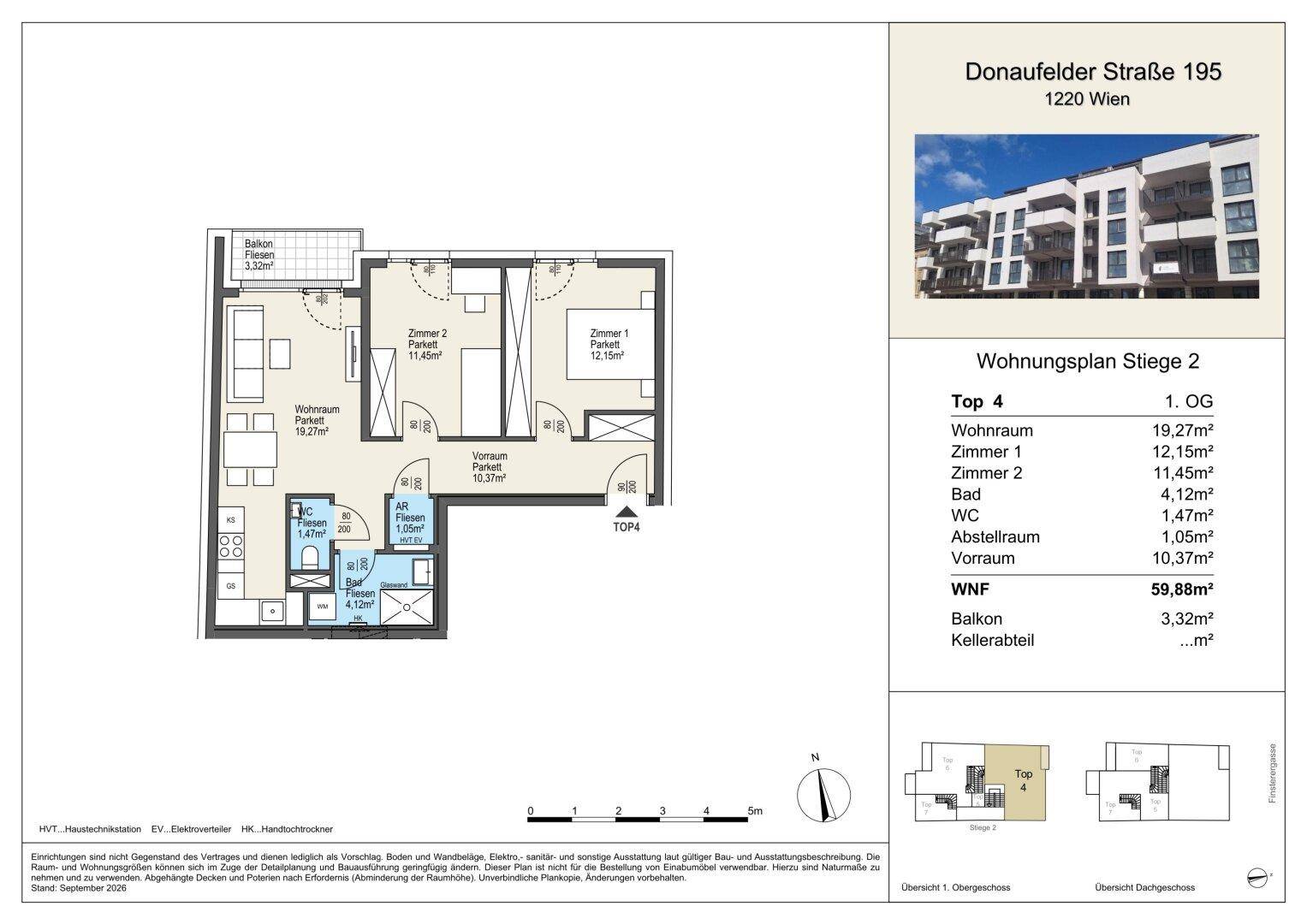 Grundriss der Wohnung Top 4 mit Wohnraum, zwei Zimmern, Bad, WC und Balkon.