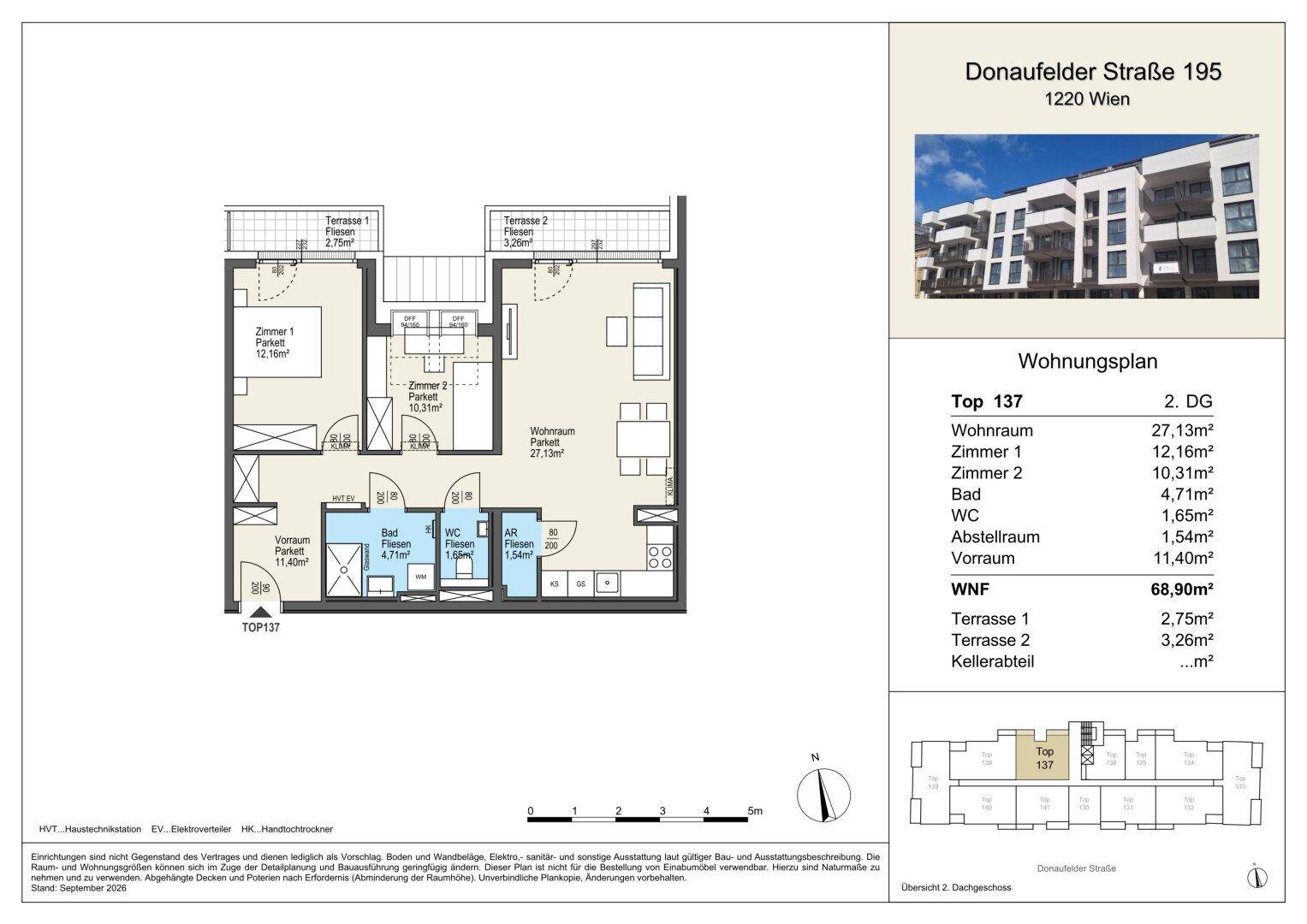 Grundrissplan einer Wohnung mit zwei Terrassen und mehreren Zimmern auf der zweiten Etage.