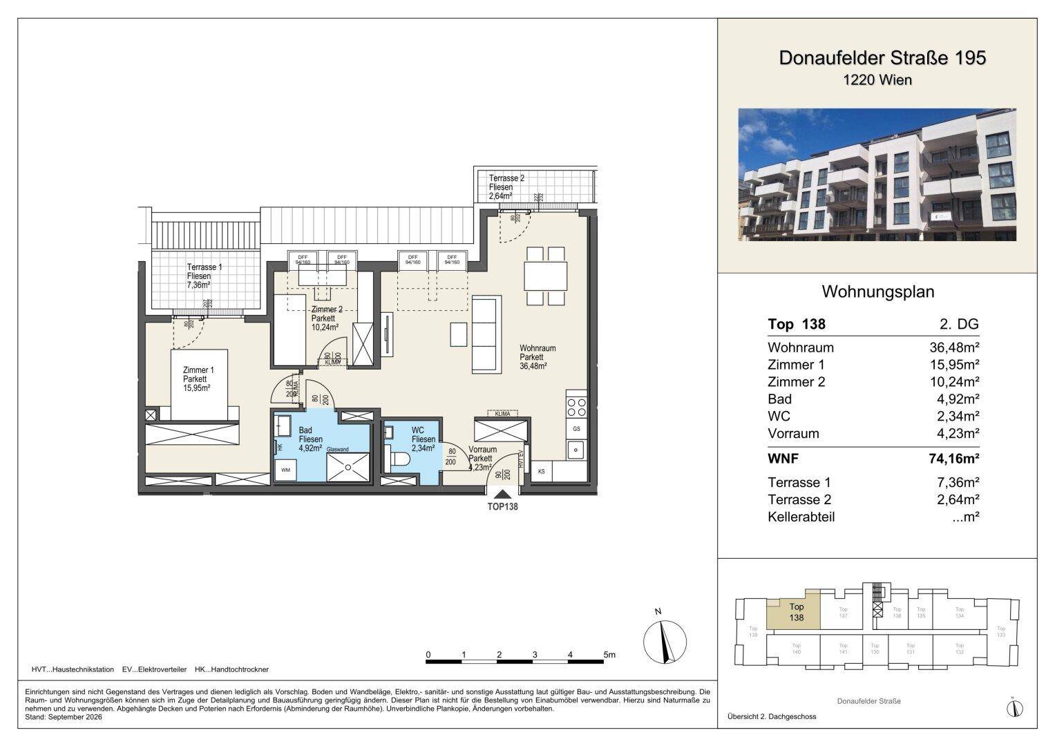 Detaillierter Grundriss einer Wohnung mit zwei Terrassen und separatem WC, inklusive Flächenangaben.
