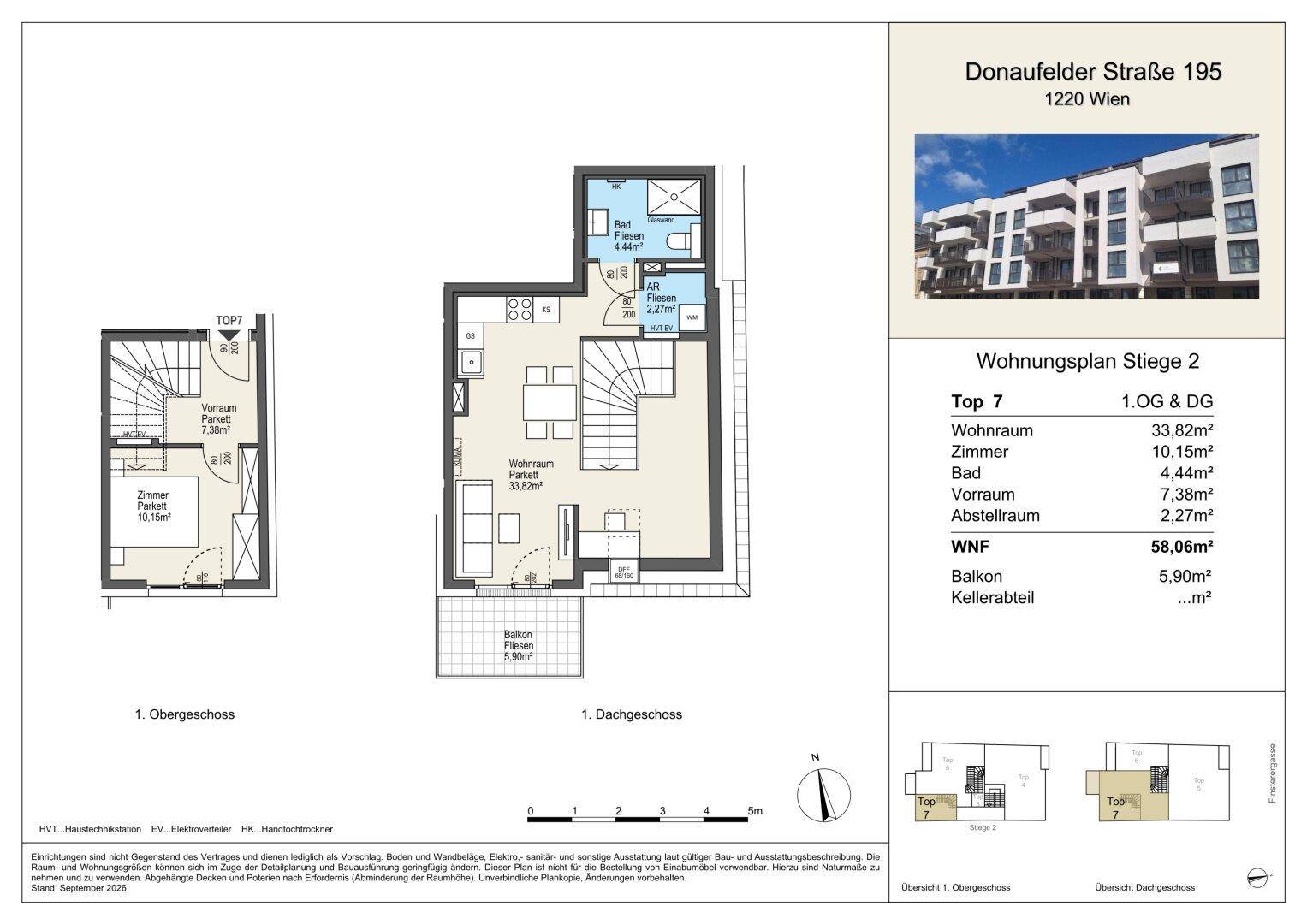 Grundriss der Wohnung Top 7 über zwei Ebenen mit Balkon und separatem Kellerabteil.
