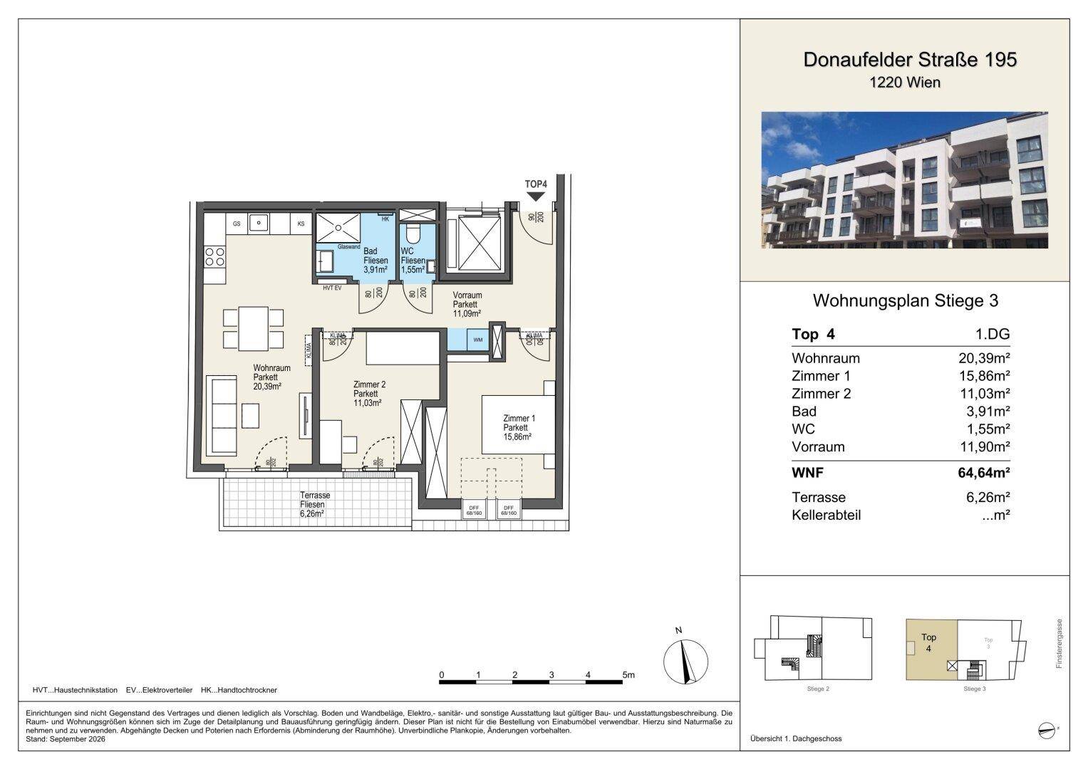 Detaillierter Grundriss einer Wohnung mit Wohnraum, zwei Zimmern, Bad, WC und Terrasse.