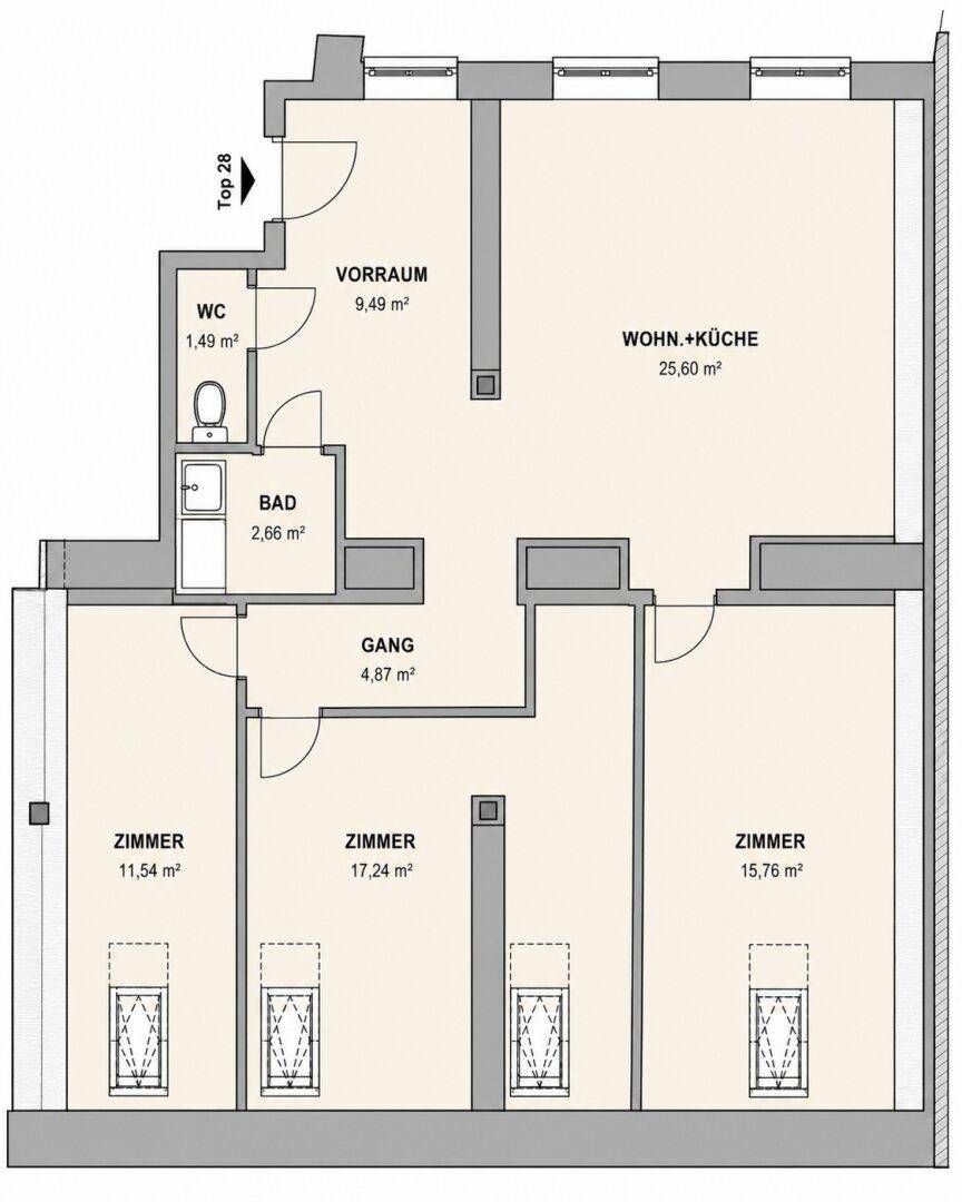 Grundriss einer Wohnung mit drei Zimmern, separatem WC und offenem Wohn- und Küchenbereich.