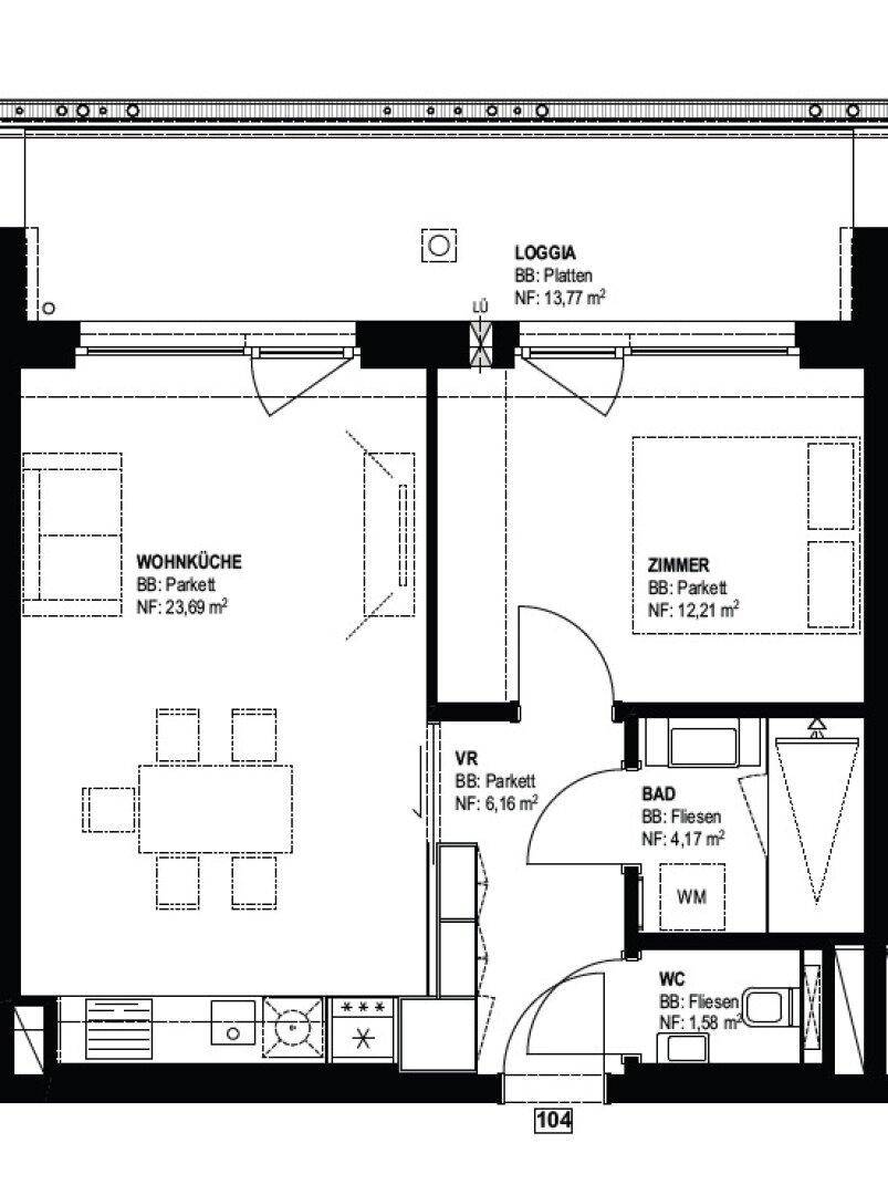 Grundriss einer Wohnung mit offener Wohnküche, Schlafzimmer, Bad, separatem WC und Loggia.