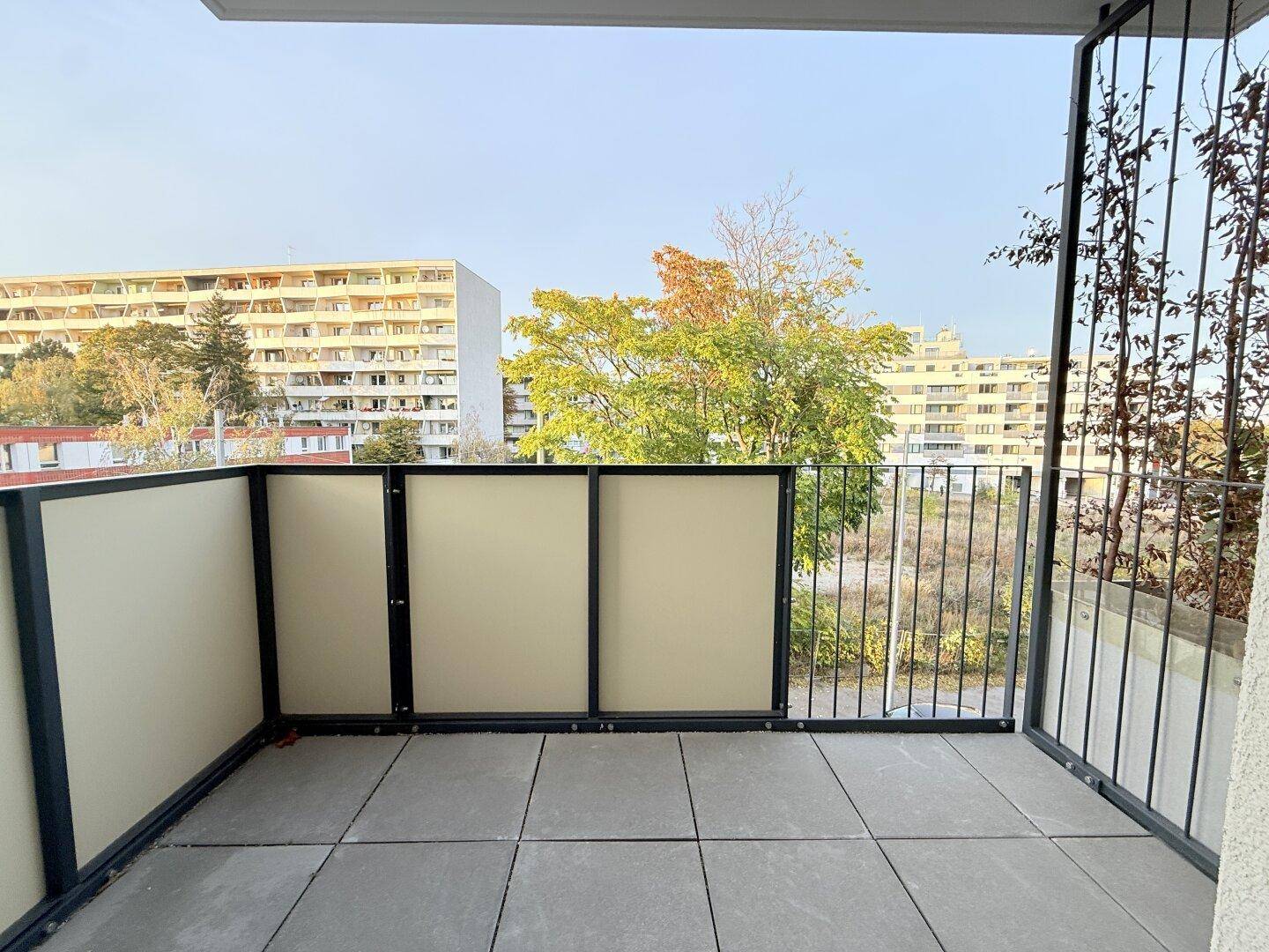 Geräumiger Balkon mit Fliesenboden und Blick auf umliegende Gebäude und Bäume.