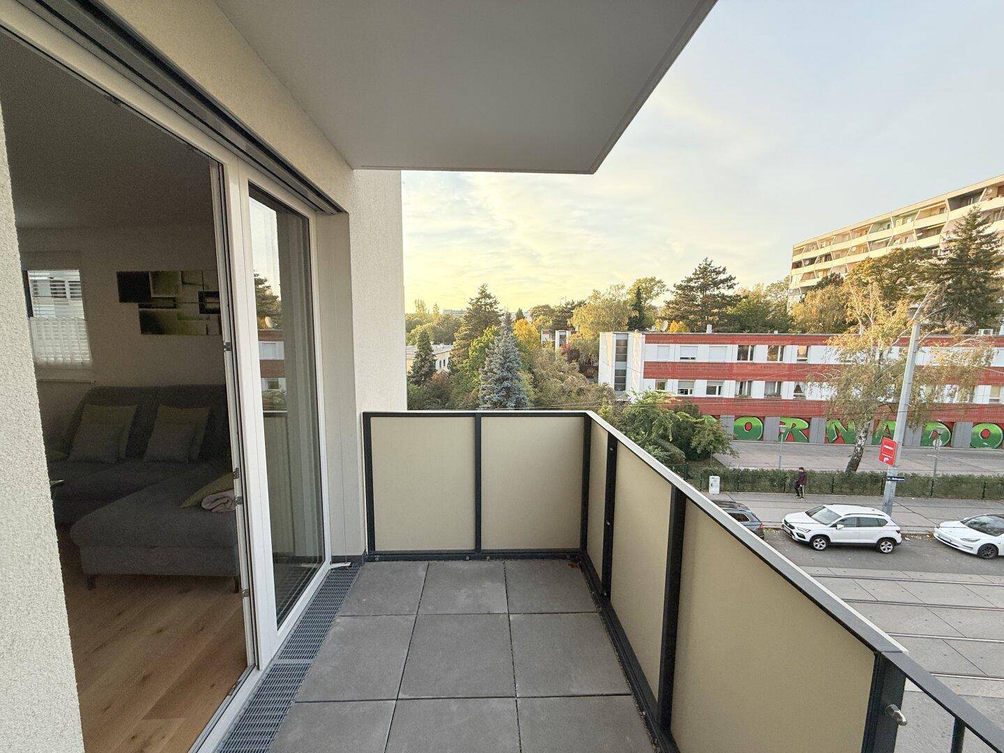 Balkon mit Blick auf die Straße und die umliegende Wohnbebauung.