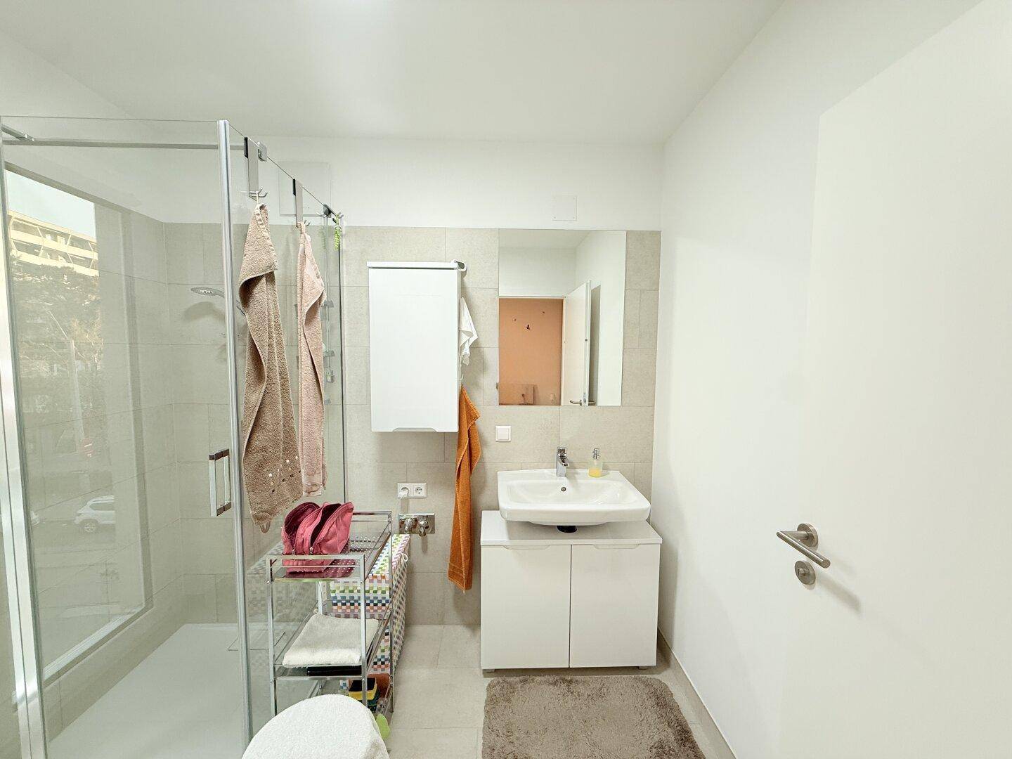 Modernes Badezimmer mit Duschkabine, Waschbecken und Spiegel.