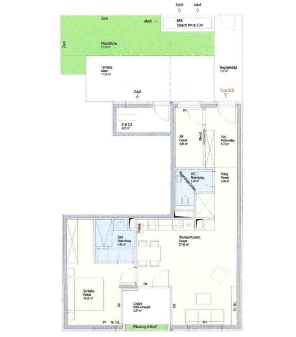 Grundriss einer Wohnung mit Terrasse, Loggia und offenem Wohn-Kochbereich sowie zwei Bädern.