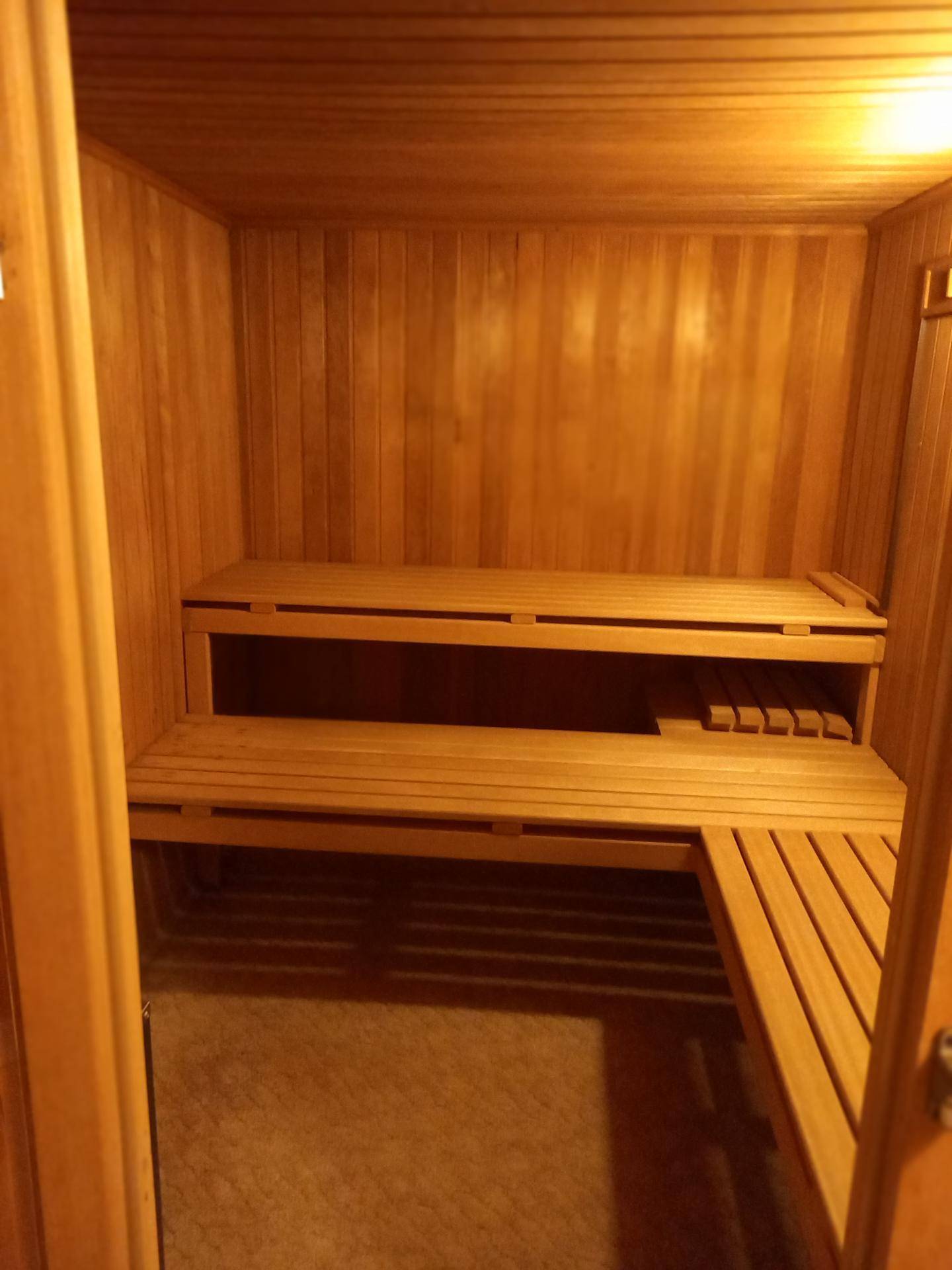 Holzvertäfelte Sauna mit mehrstufigen Bänken für Entspannung und Wohlbefinden.