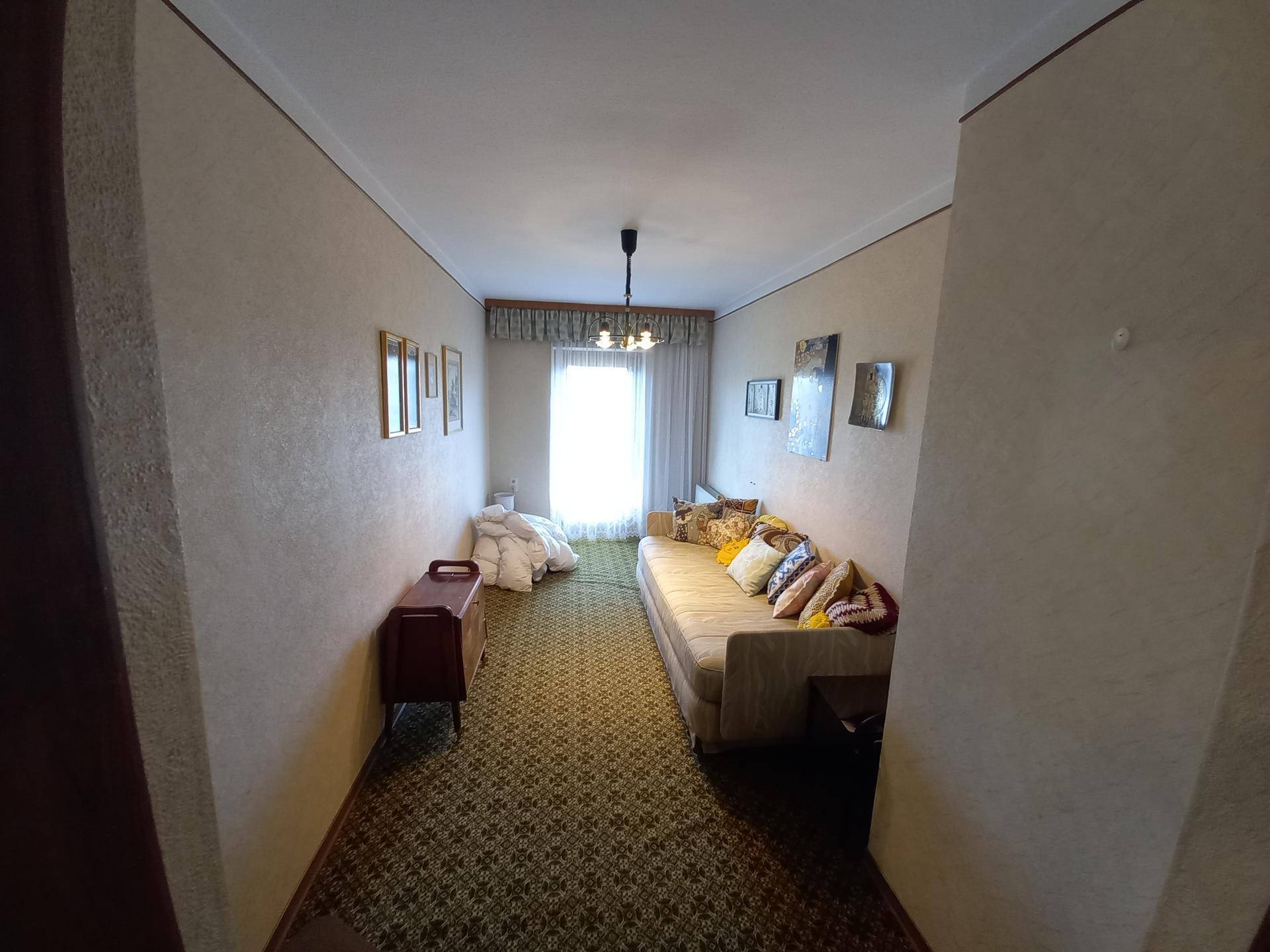 Gemütlicher Wohnbereich mit Tagesbett, Teppichboden und Fenster mit Blick ins Grüne.