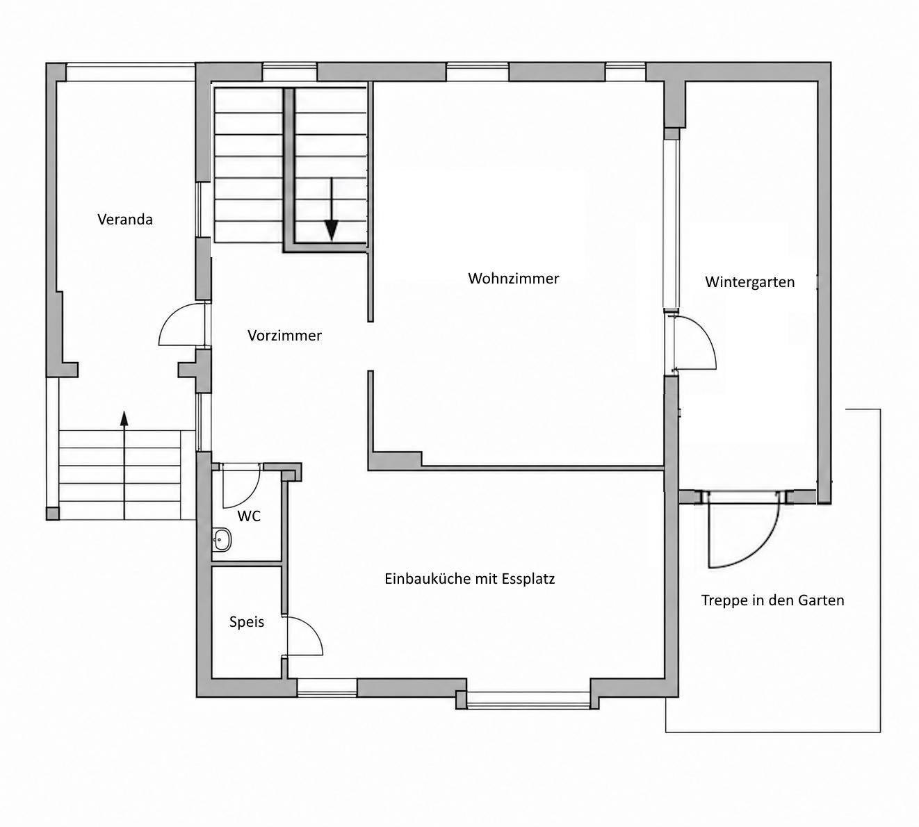 Grundriss des Erdgeschosses mit Wohnzimmer, Einbauküche mit Essplatz, WC, Veranda und Wintergarten.