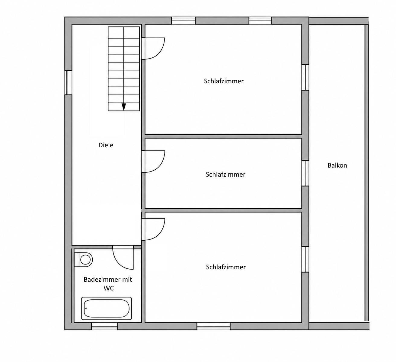 Grundriss des Obergeschosses mit drei Schlafzimmern, einem Badezimmer mit WC und einem Balkon.