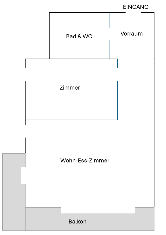 Grundriss zeigt eine Wohnung mit Wohn-Ess-Zimmer, Bad und Balkon.
