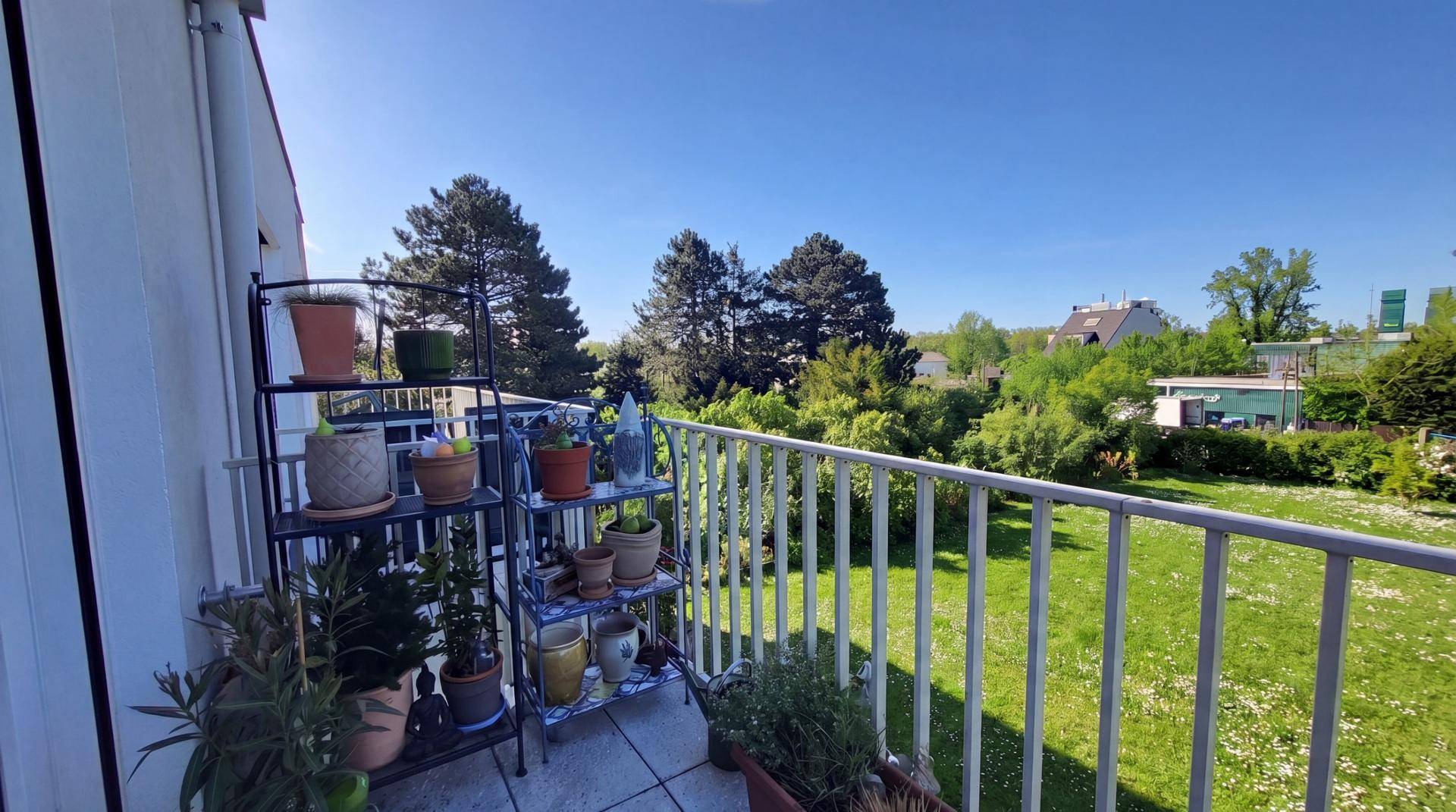 Sonniger Balkon mit Pflanzenregal und weitem Blick über grüne Gärten.