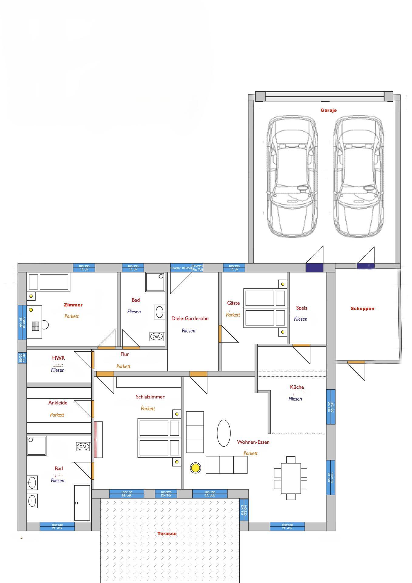 Detaillierter Grundriss des Hauses mit Wohn-Essbereich, Küche, Schlafzimmern, Bädern und Garage.