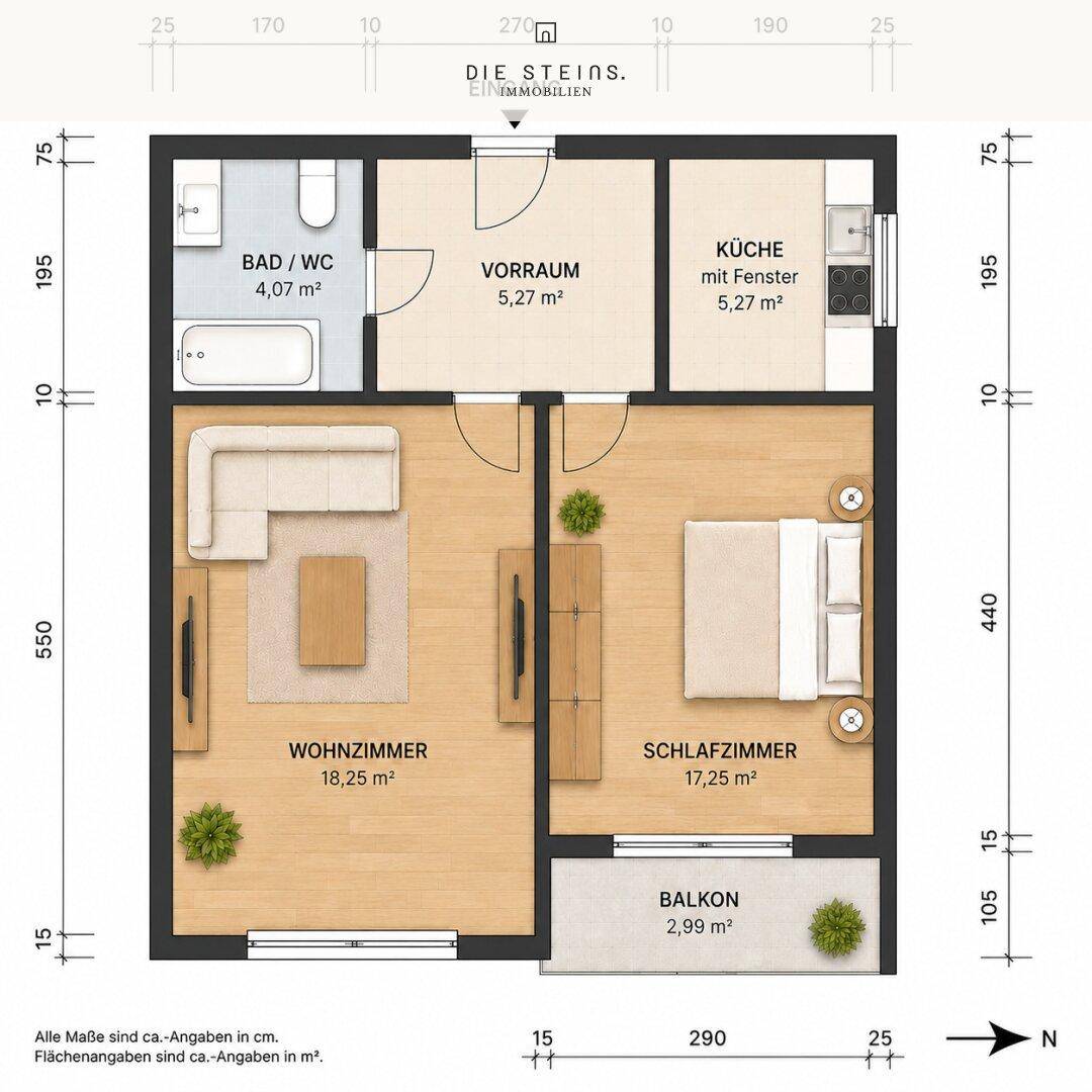 Detaillierter Grundriss einer Wohnung mit Wohnzimmer, Schlafzimmer, Küche und Balkon.
