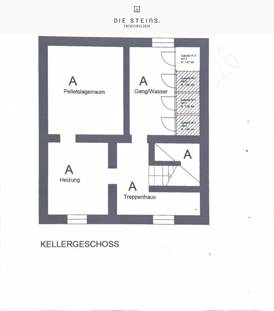 Grundriss des Kellergeschosses mit Pelletslagerraum, Heizungsraum und Treppenhaus.