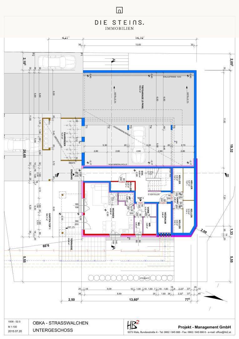 Grundriss des Untergeschosses mit Kellerabteilen und Parkmöglichkeiten.
