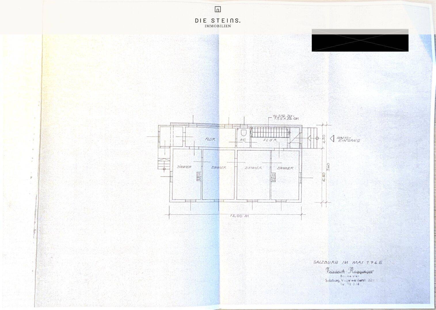 Grundrissplan mit Zimmern und Flur, inklusive Bemaßungen und Raumaufteilung des Obergeschosses.