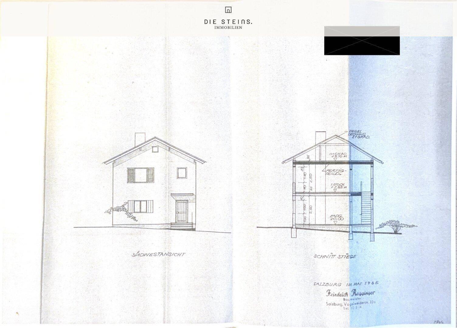 Architektonische Zeichnung einer Hausansicht und eines Treppenschnitts mit Höhenangaben.