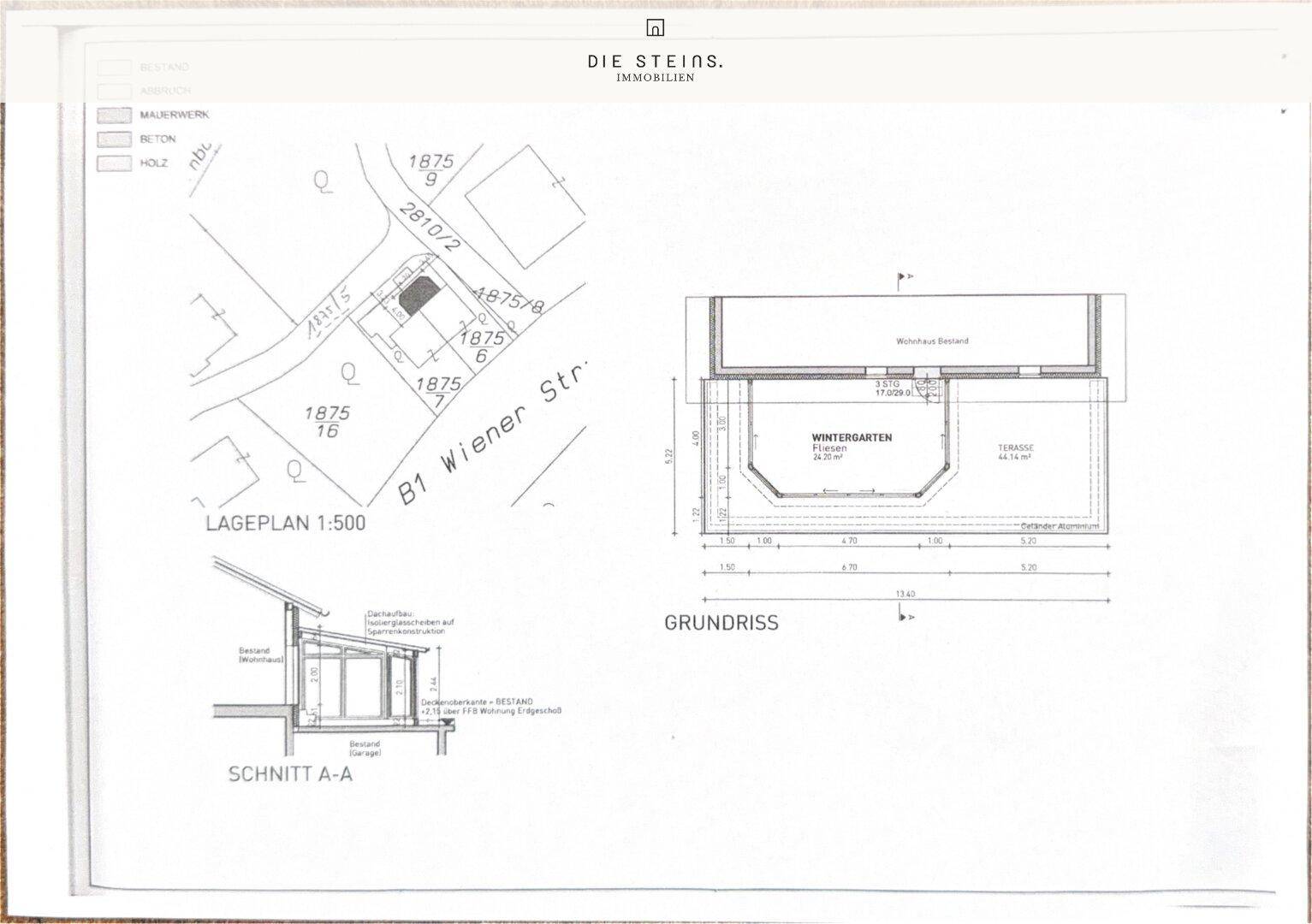 Lageplan und Grundriss eines Wintergartens mit Terrasse, inklusive Schnittzeichnung und Bemaßungen.