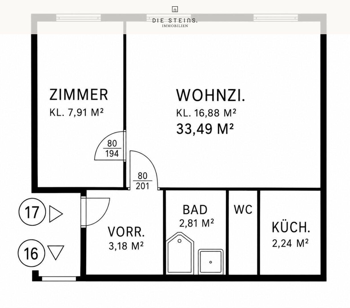 Grundriss der Wohnung mit Zimmer, Wohnzimmer, Bad, WC, Vorraum und Küche.