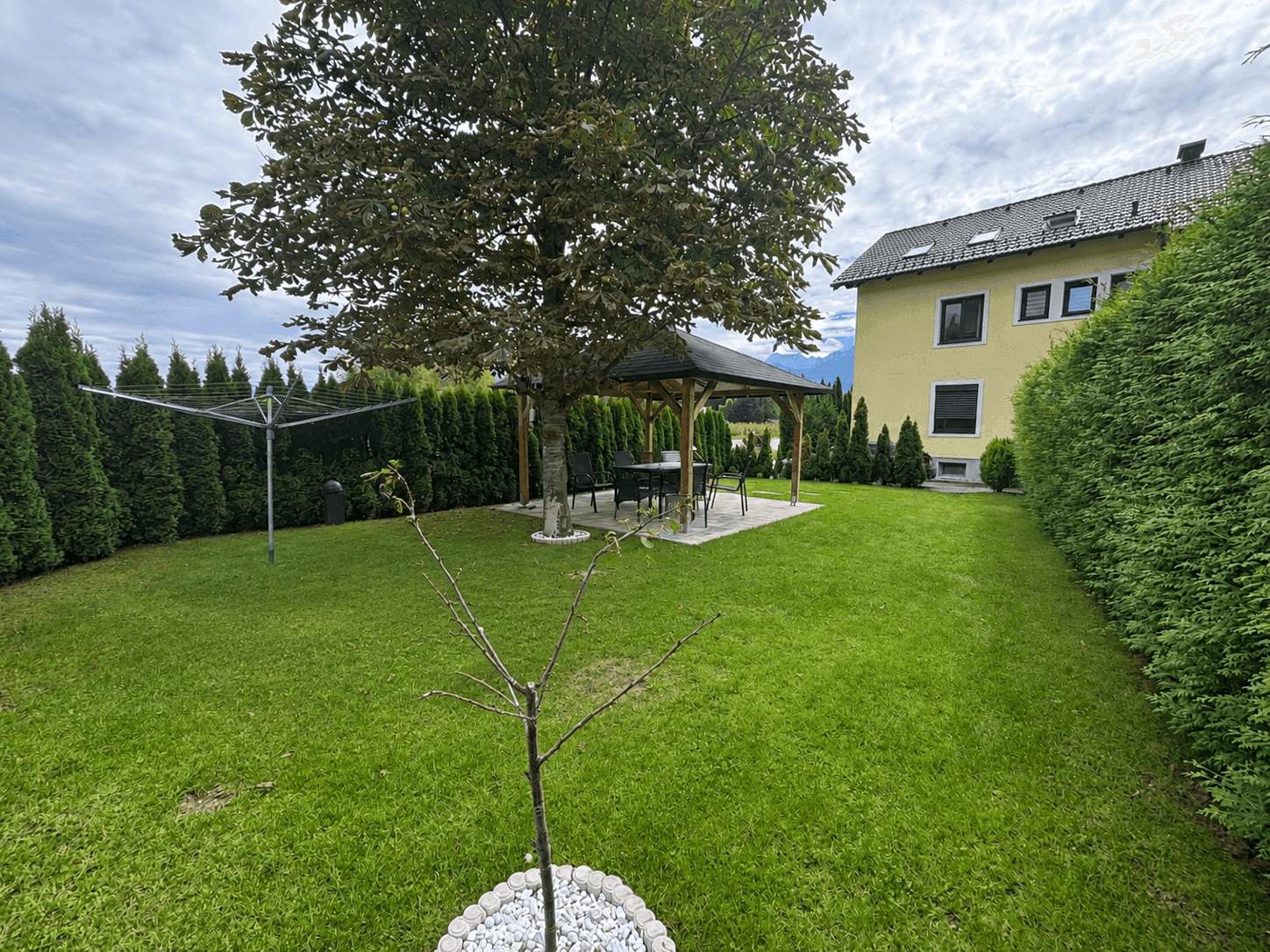 Großer Garten mit altem Baum, Pavillon, Wäscheständer und hoher Hecke als Sichtschutz.
