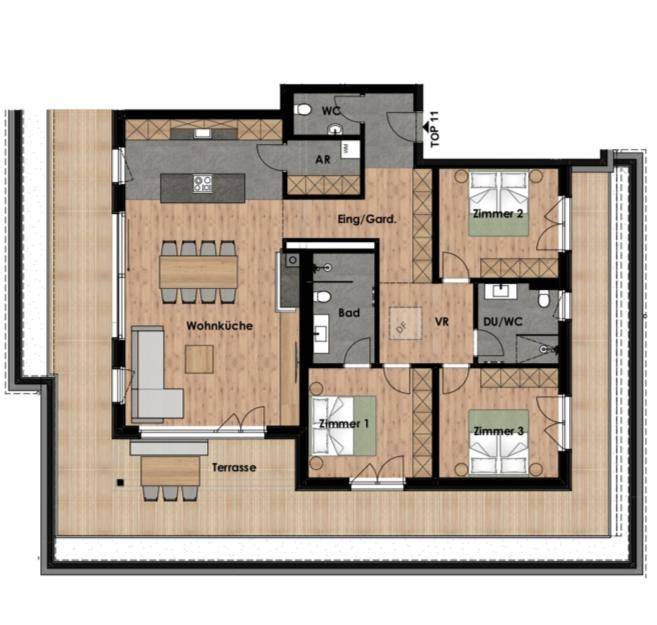 Grundriss einer Wohnung mit offener Wohnküche, drei Schlafzimmern und großer Terrasse.