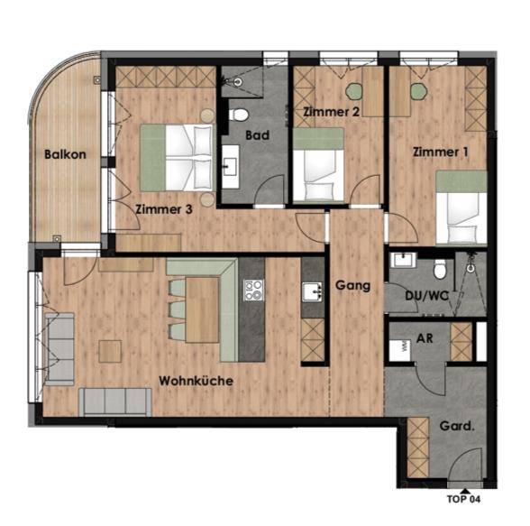 Grundriss einer Wohnung mit drei Zimmern, Wohnküche und Balkon.