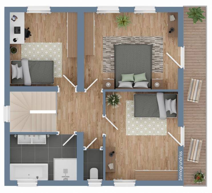 Grundriss des Obergeschosses mit drei Schlafzimmern, Bad und Balkon.