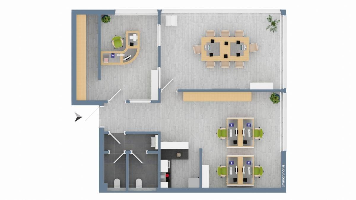 Detaillierter Grundriss eines Bürokomplexes mit verschiedenen Arbeitsbereichen und Besprechungsräumen.