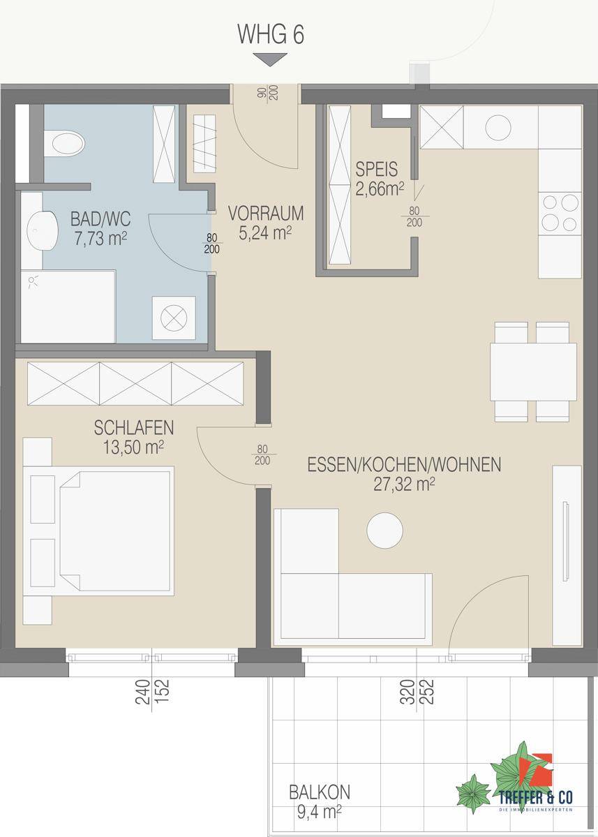 Detaillierter Grundriss der Wohnung WHG 6 mit offenem Wohnbereich, Schlafzimmer und Balkon.