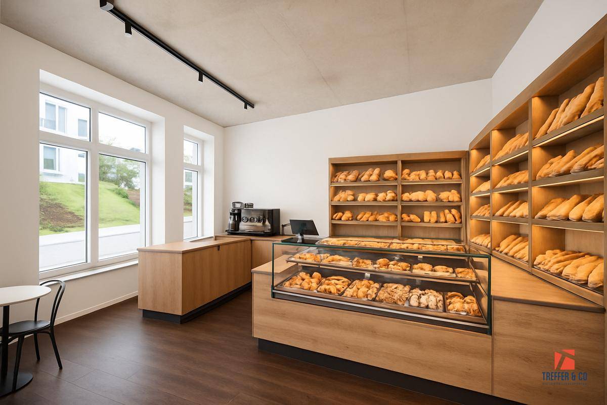 Moderne Bäckerei mit Holzregalen, Glasvitrine für Backwaren und großen Fenstern mit Blick ins Grüne.