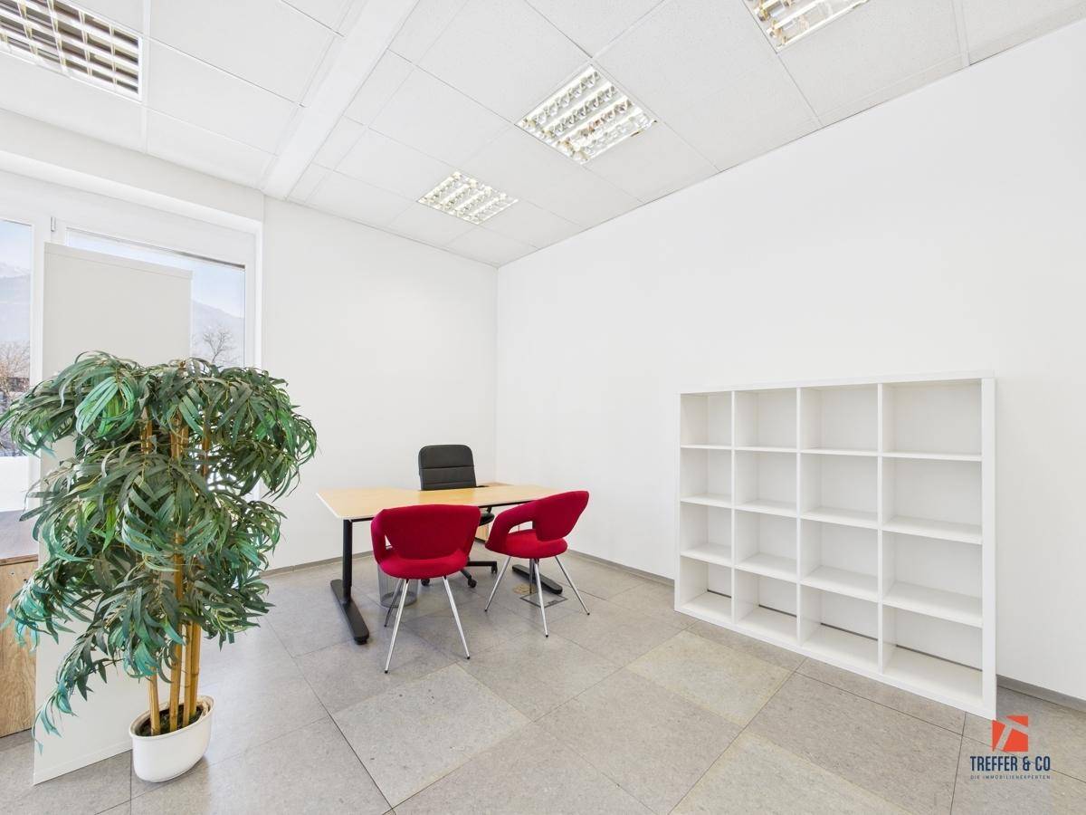 Modernes Büro mit Schreibtisch, roten Stühlen, einer Pflanze und einem weißen Regal für Ablage.