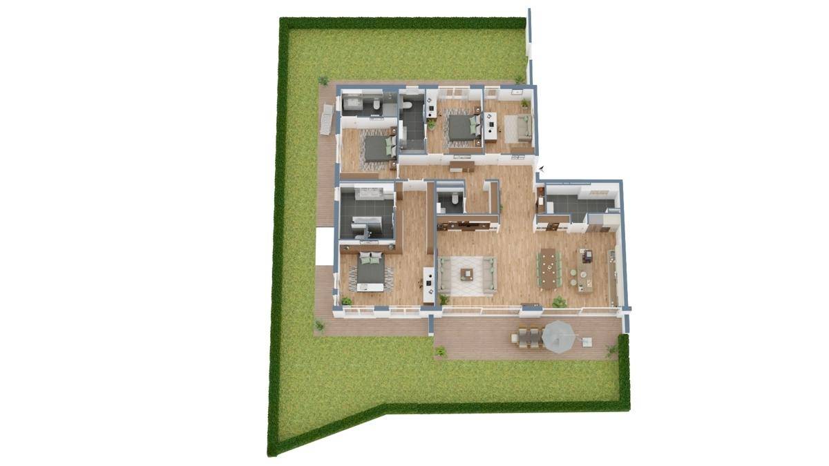 Grundriss einer Wohneinheit mit offenem Wohnbereich, mehreren Schlafzimmern und einer Terrasse mit Garten.